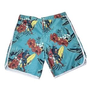 Superman Swim Trunks Mens XXL Blue Tropical Hibiscus Surfing Board Shorts